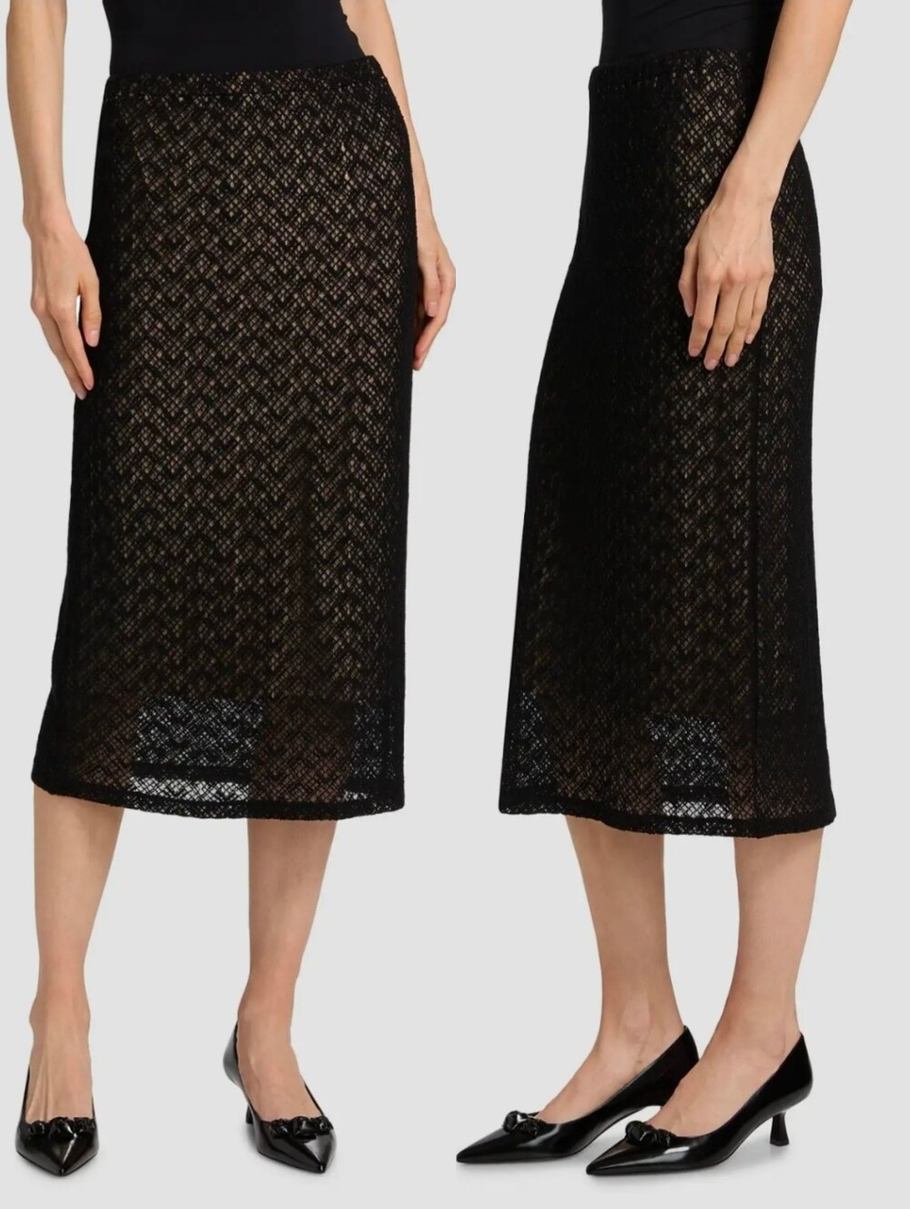 NWT VINCE Black Geometric Lace Mesh Textured Pull-on Midi Pencil Skirt